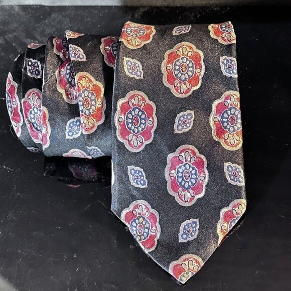 Christian Dior Red Silk Tie Black Neckwear Mid Century Modernist Medallion - Picture 2 of 5